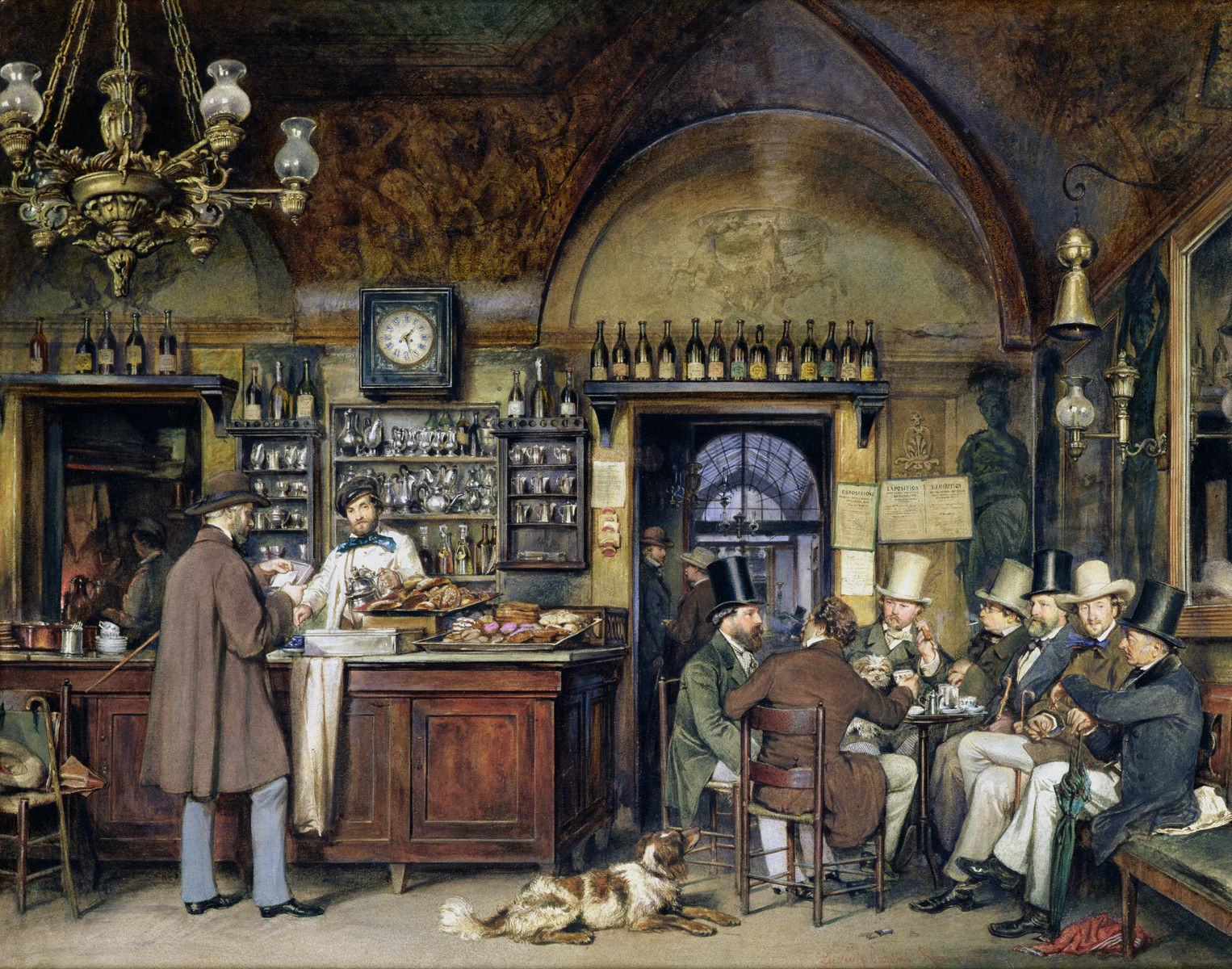 People gathered in a historic Roman cafe
